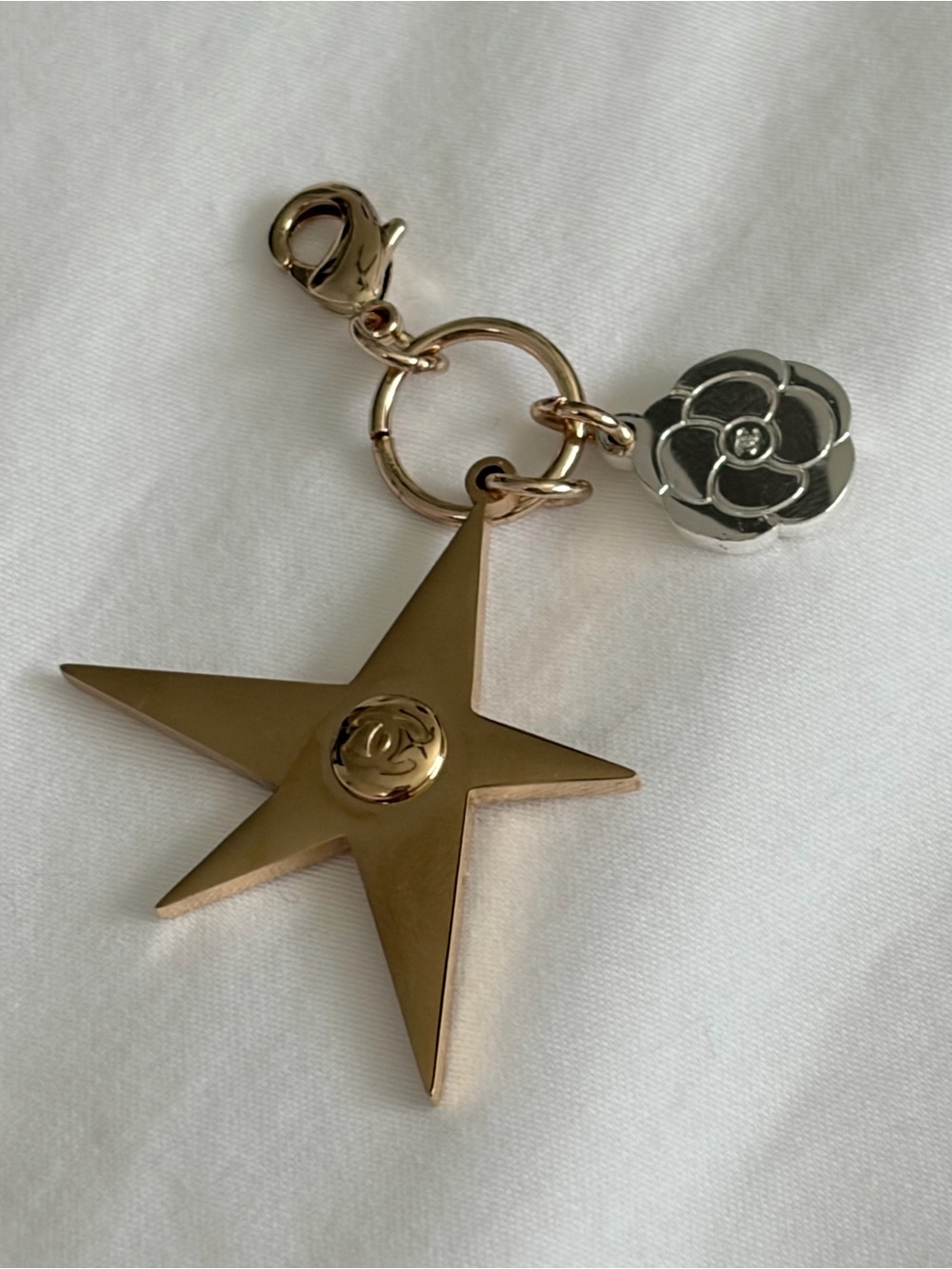 CHANEL Gold Star and Silver Camellia Key & Card Holder Charm